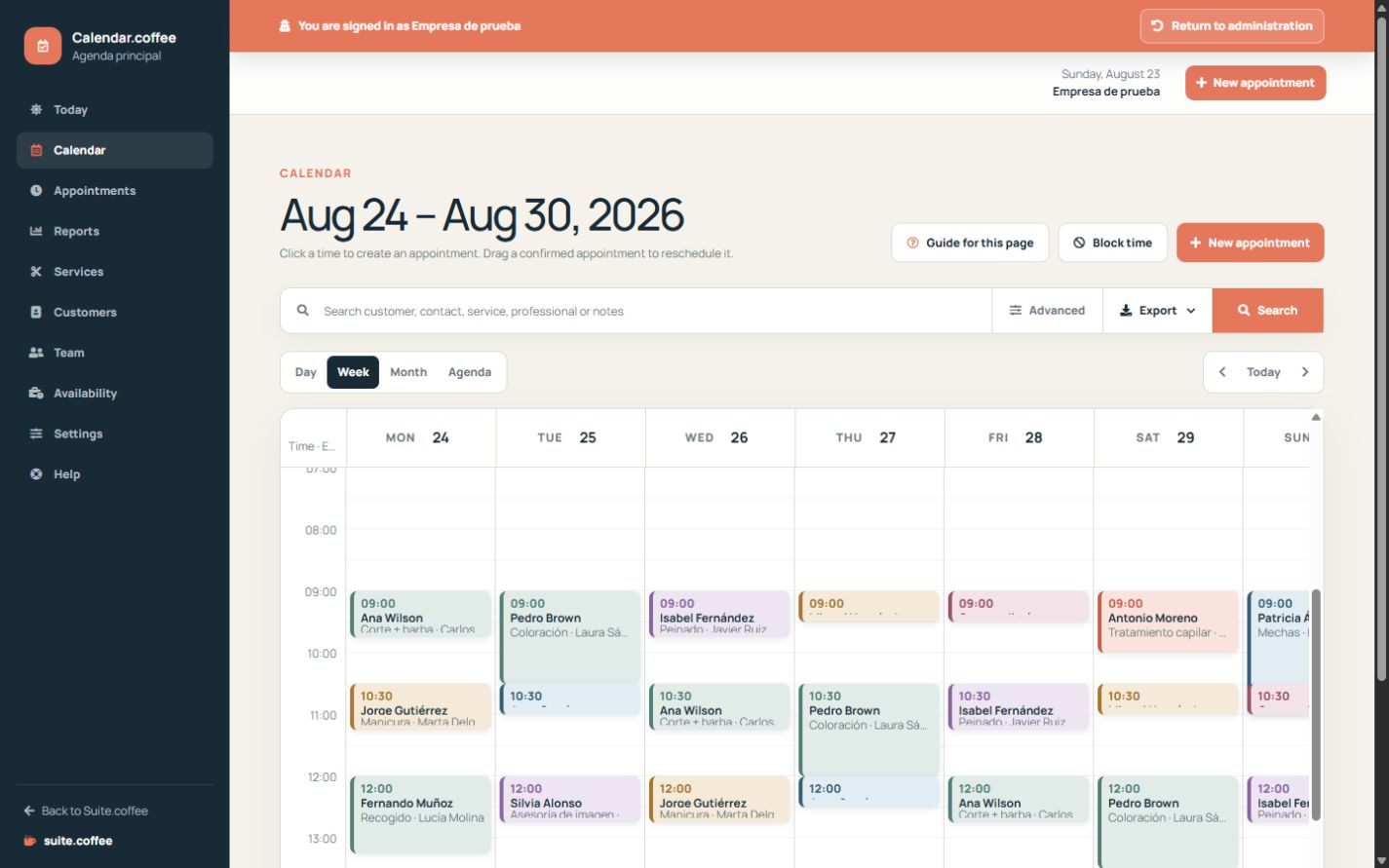 Calendar agenda showing appointments, view selectors and filters.