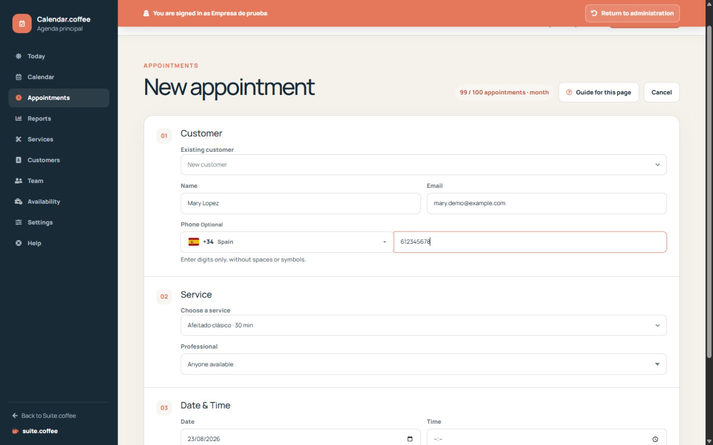 Calendar appointment form with customer, service, professional, date and time.