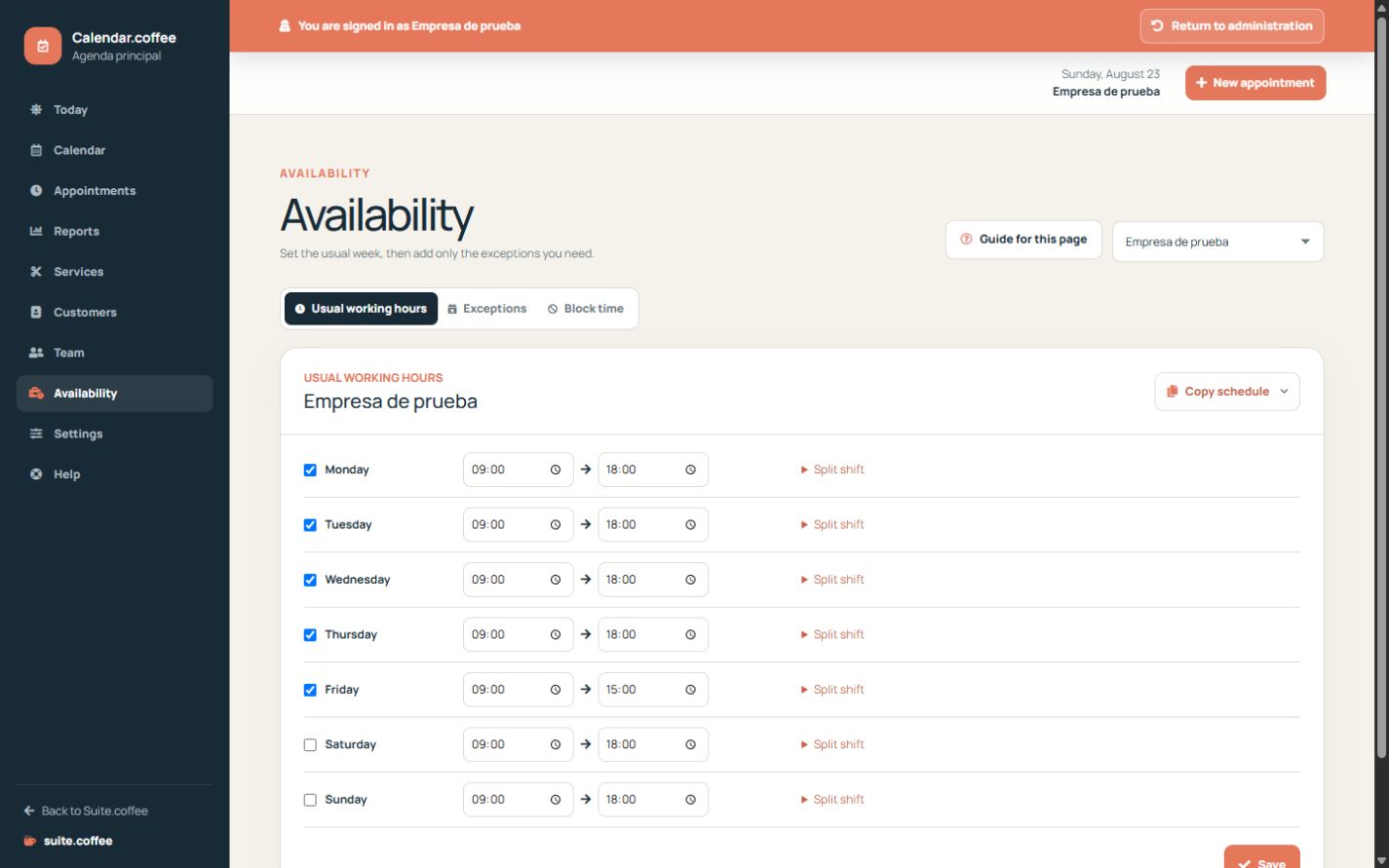 Calendar availability screen with usual hours, exceptions and blocked-time tabs.