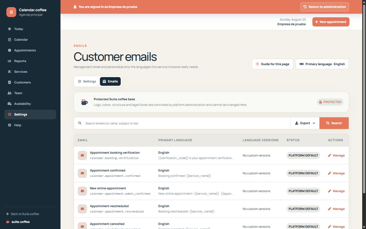 Calendar customer email list with primary language and customisation status.