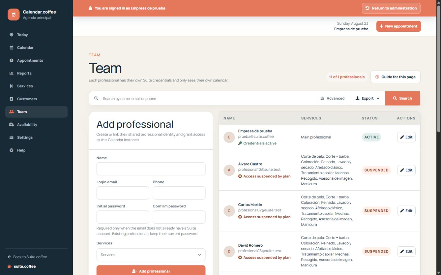 Calendar team management with professional list, access status and assigned services.