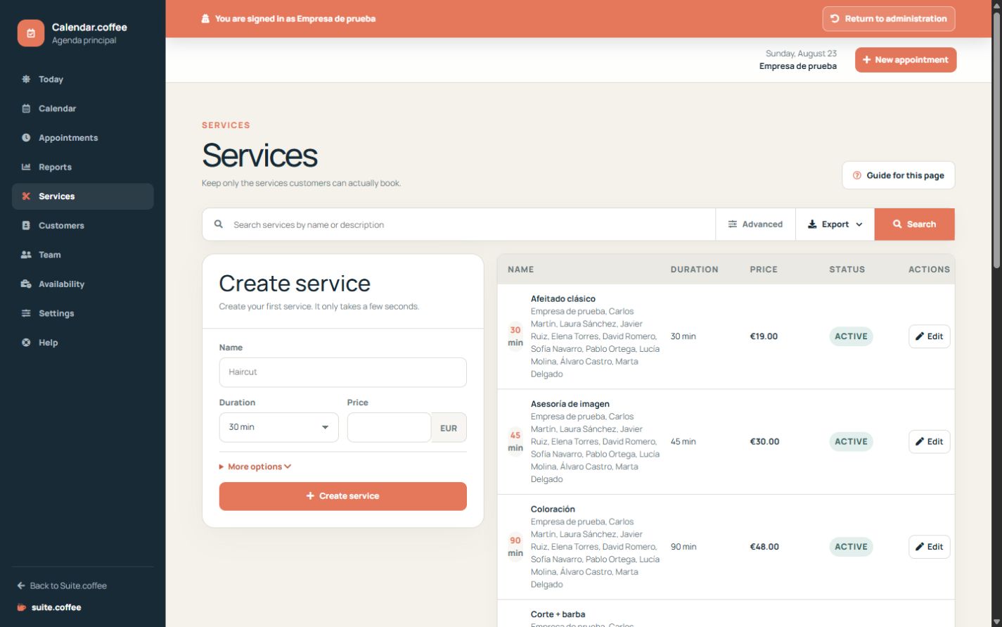 Calendar services list and editor with duration, price and online booking options.