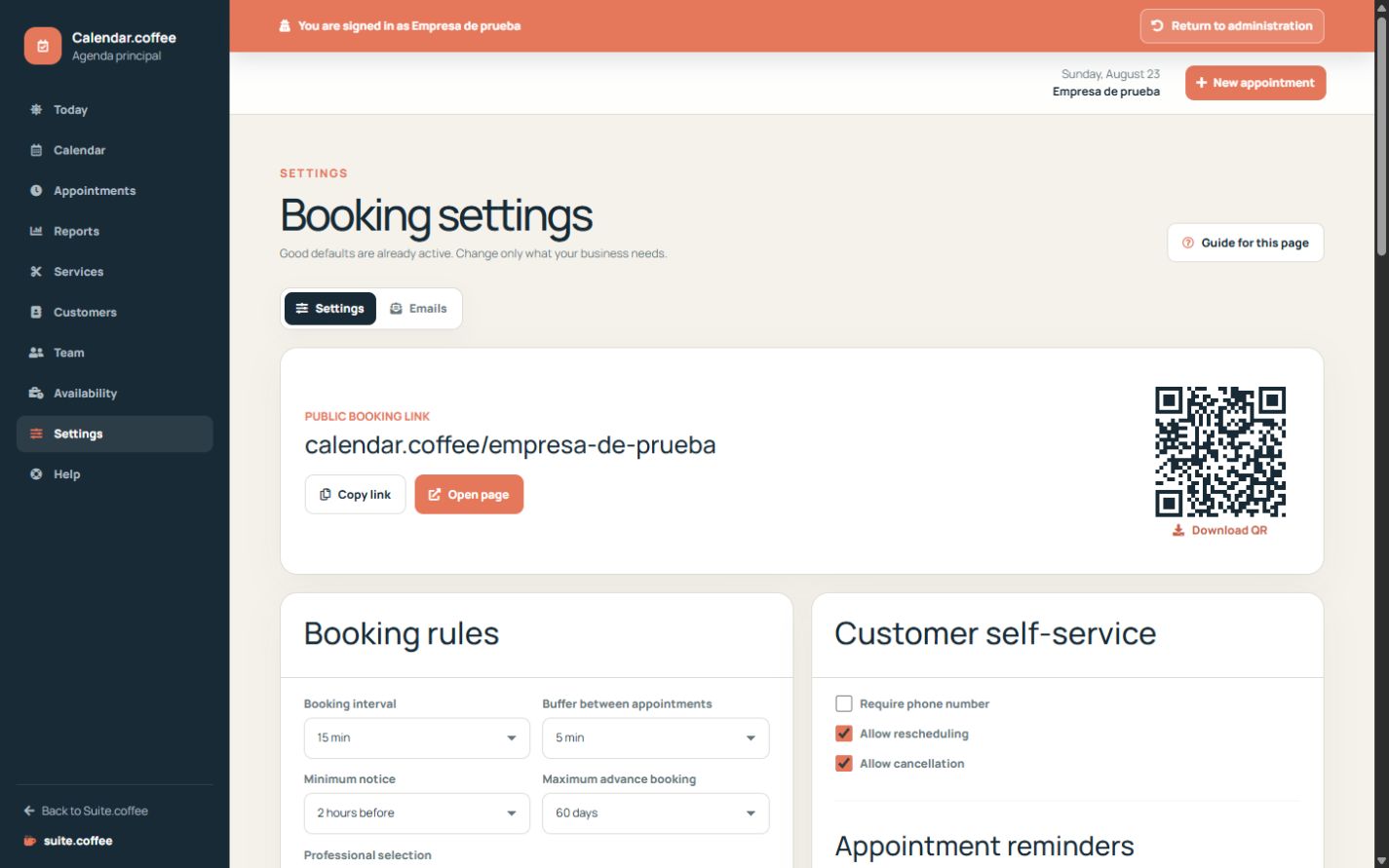 Calendar booking settings with public link and booking rules.