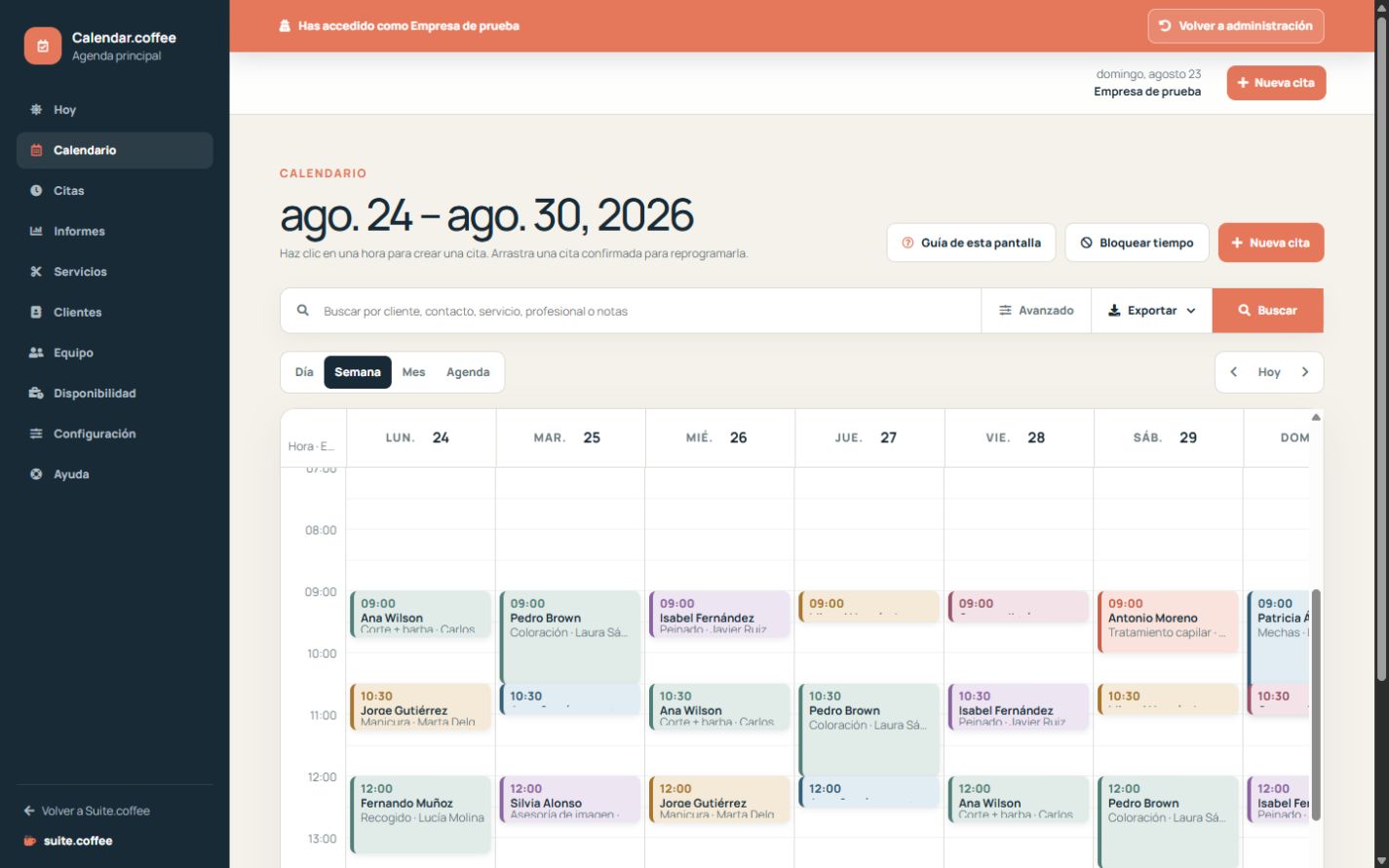 Agenda de Calendar con citas, selector de vistas y filtros.