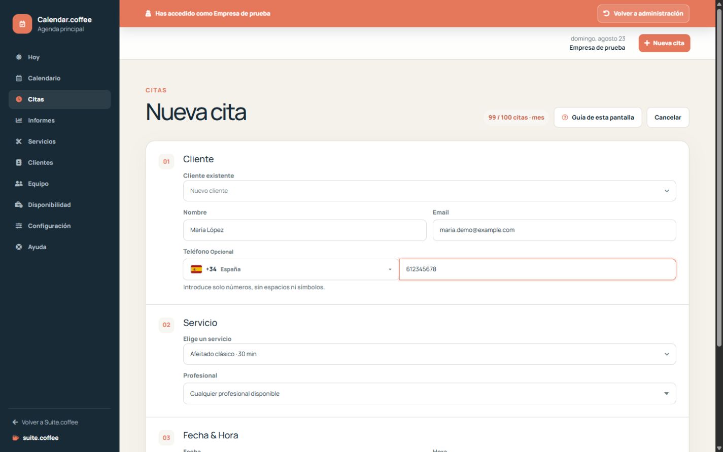 Formulario de cita de Calendar con cliente, servicio, profesional, fecha y hora.