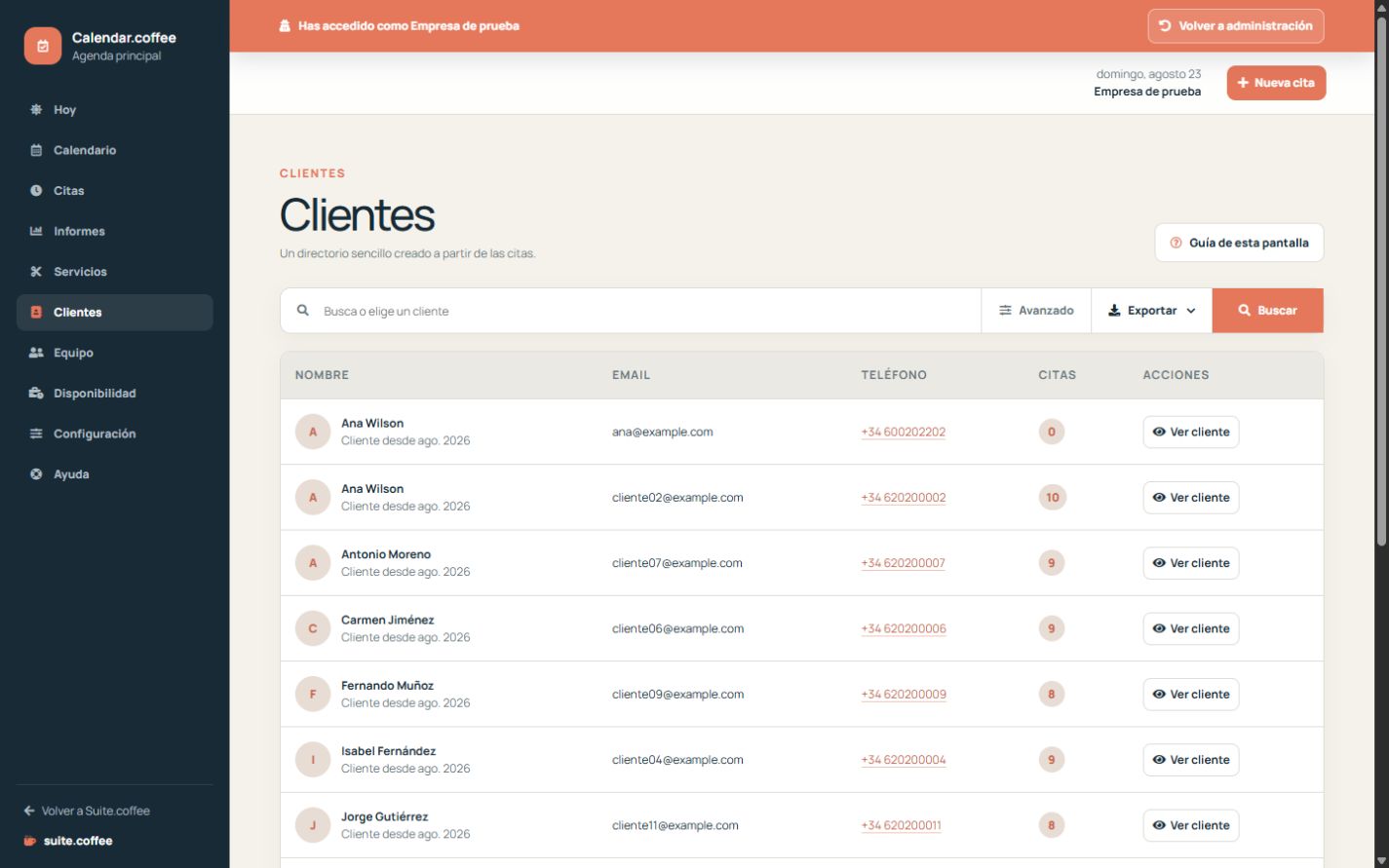 Listado de clientes de Calendar con búsqueda, contacto y número de citas.