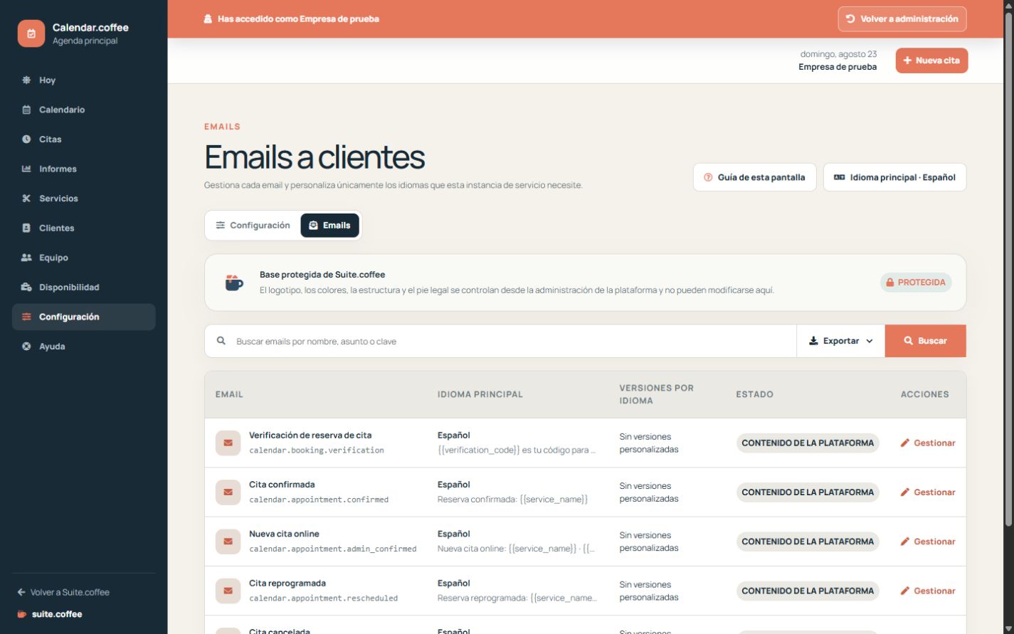Listado de emails de Calendar con idioma principal y estado de personalización.