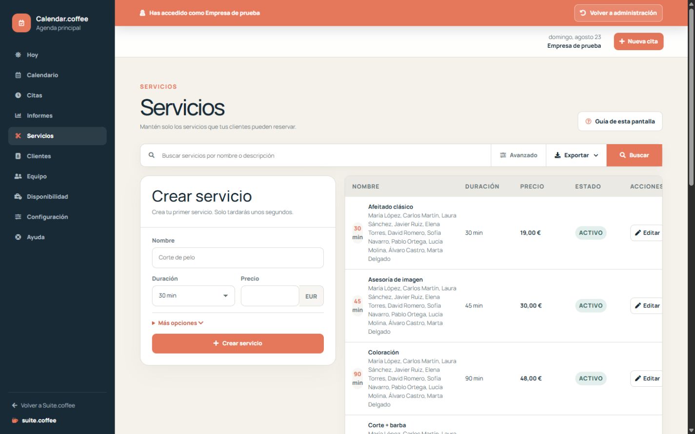 Listado y editor de servicios de Calendar con duración, precio y reserva online.