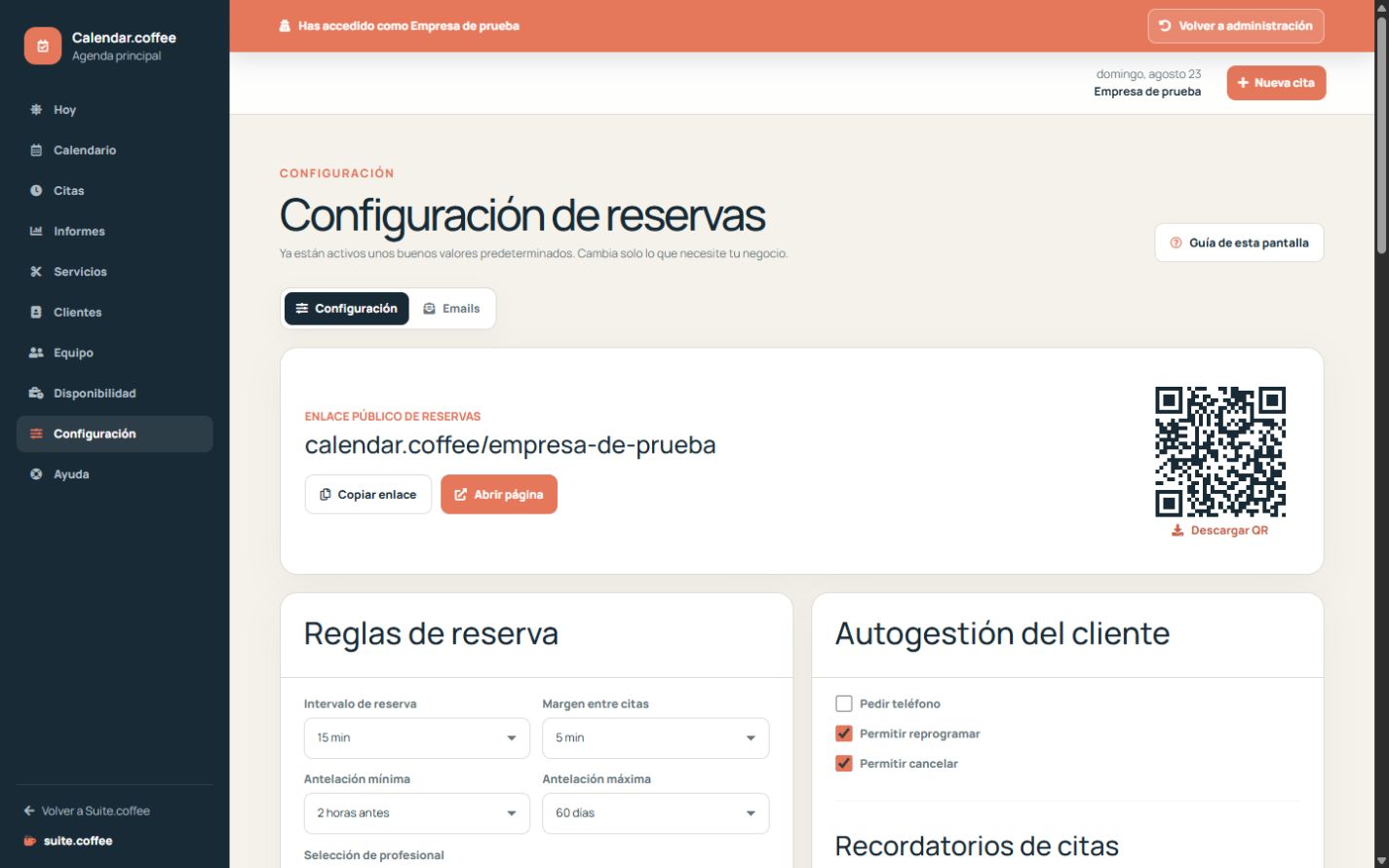 Configuración de reservas de Calendar con enlace público y reglas de reserva.